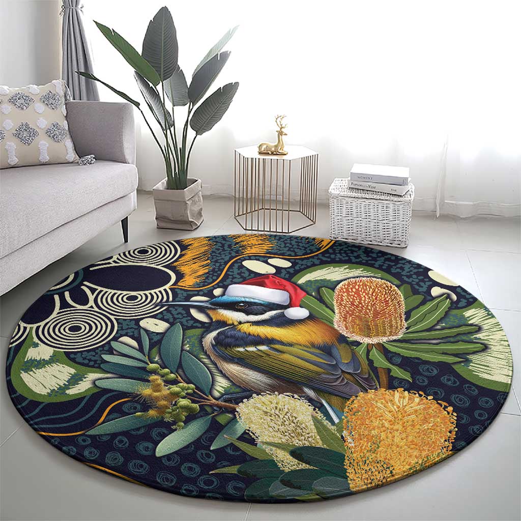 Aussie Honeyeaters Banksia Christmas Round Carpet Aboriginal Dots Painting Blue Motif - Aussie Hoodie