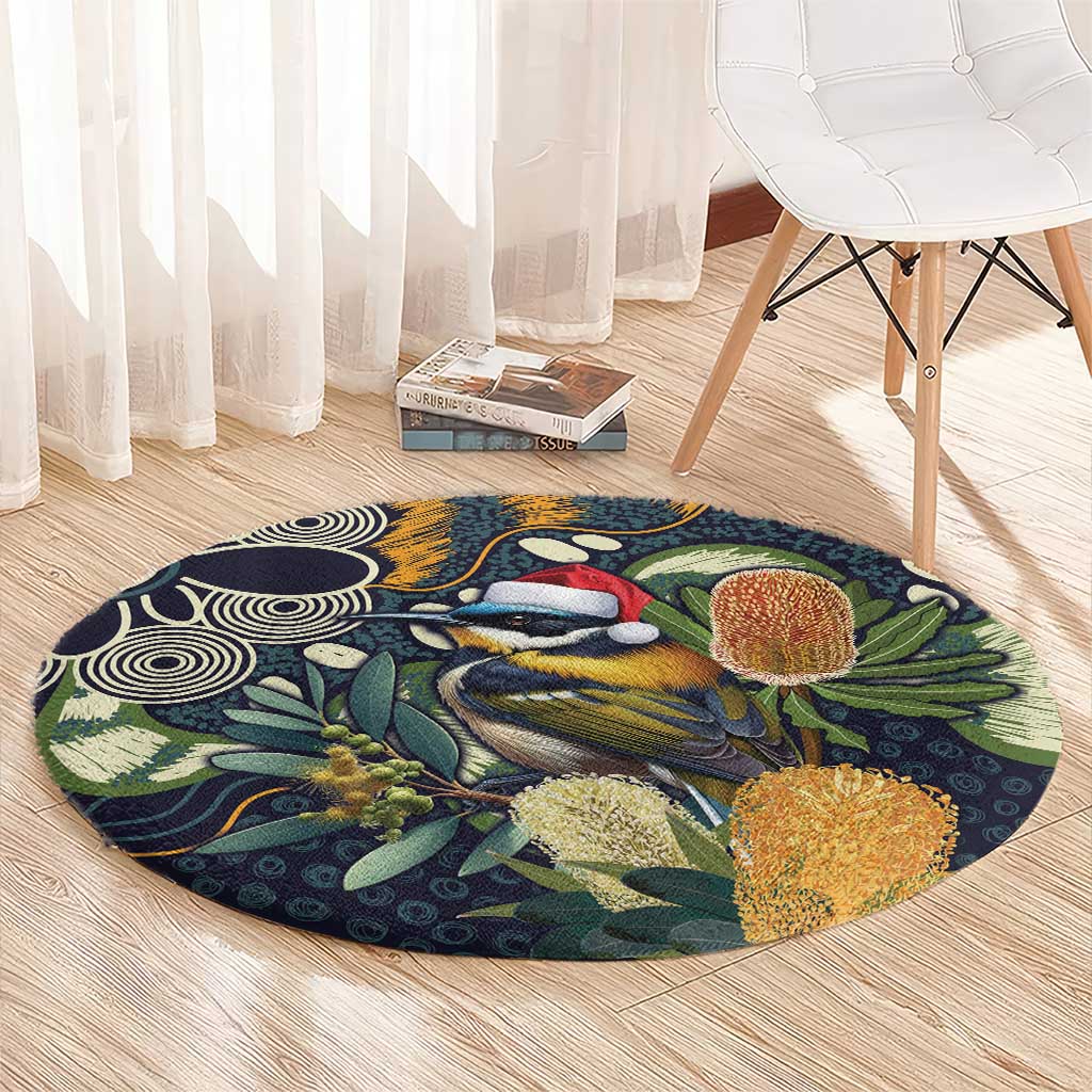 Aussie Honeyeaters Banksia Christmas Round Carpet Aboriginal Dots Painting Blue Motif - Aussie Hoodie