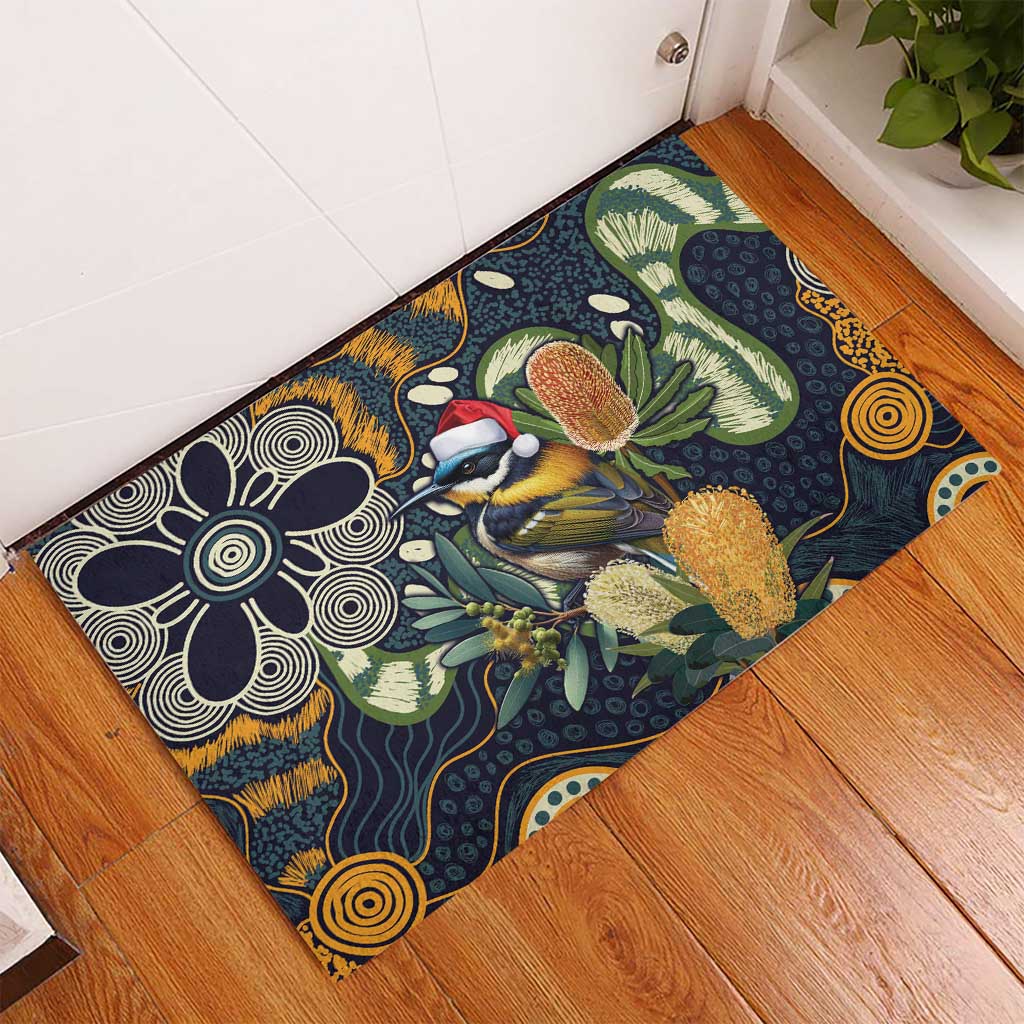 Aussie Honeyeaters Banksia Christmas Rubber Doormat Aboriginal Dots Painting Blue Motif - Aussie Hoodie