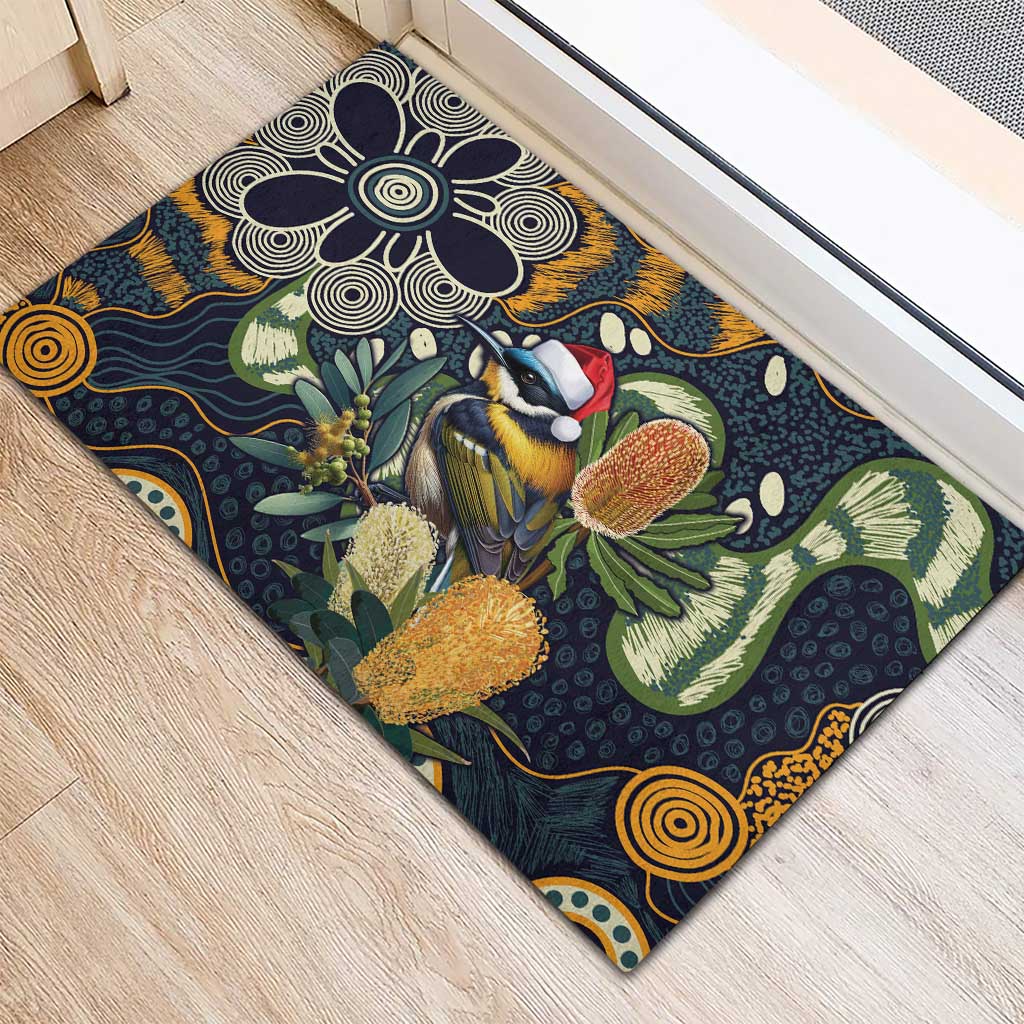 Aussie Honeyeaters Banksia Christmas Rubber Doormat Aboriginal Dots Painting Blue Motif - Aussie Hoodie