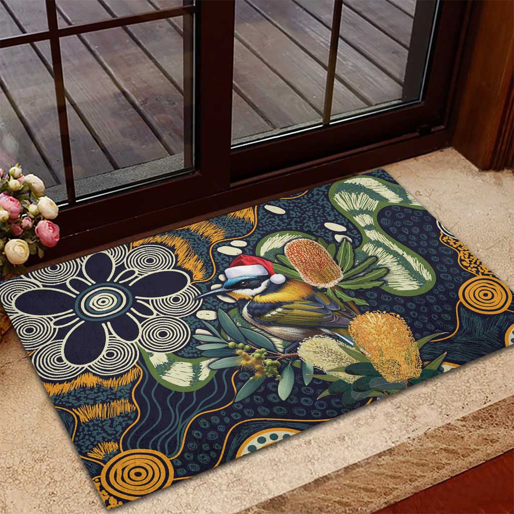 Aussie Honeyeaters Banksia Christmas Rubber Doormat Aboriginal Dots Painting Blue Motif - Aussie Hoodie