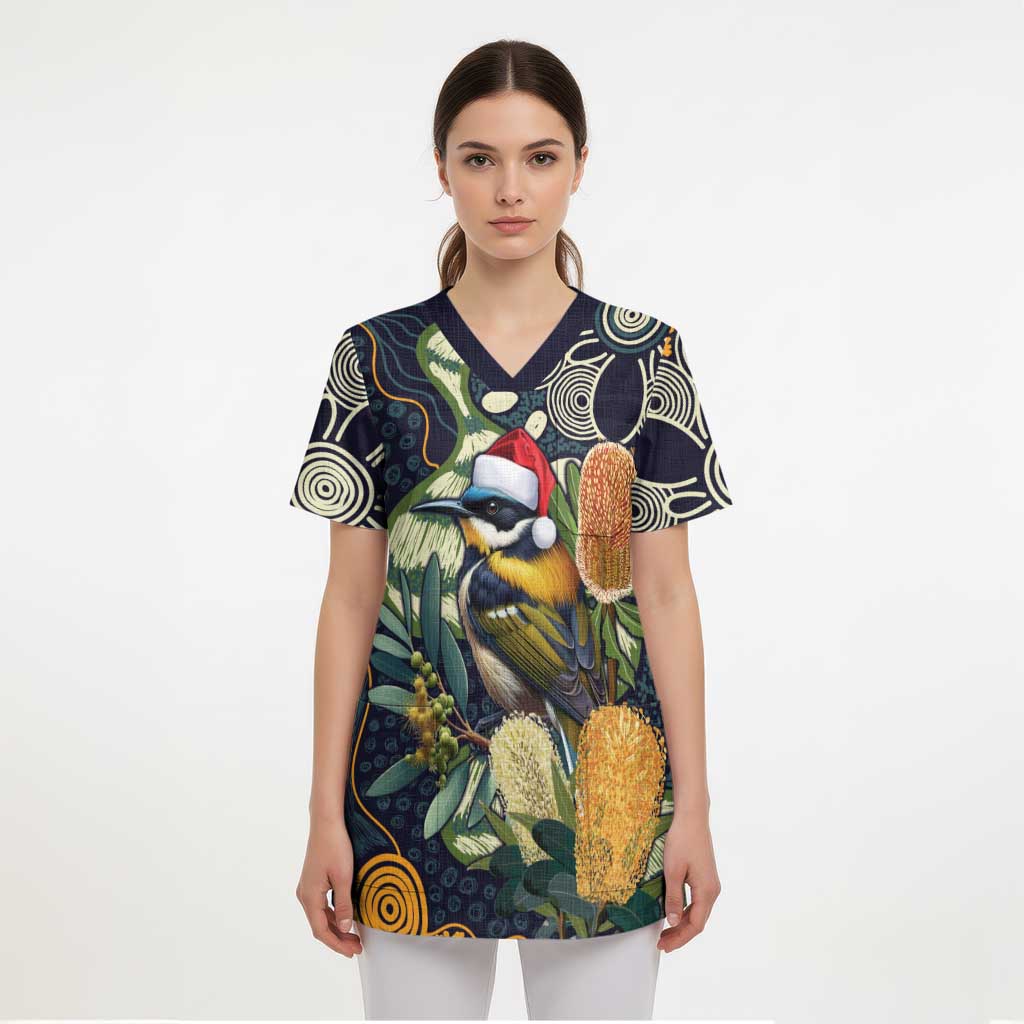Aussie Honeyeaters Banksia Christmas Scrub Top Aboriginal Dots Painting Blue Motif - Aussie Hoodie