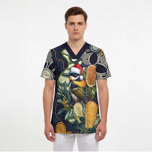 Aussie Honeyeaters Banksia Christmas Scrub Top Aboriginal Dots Painting Blue Motif - Aussie Hoodie
