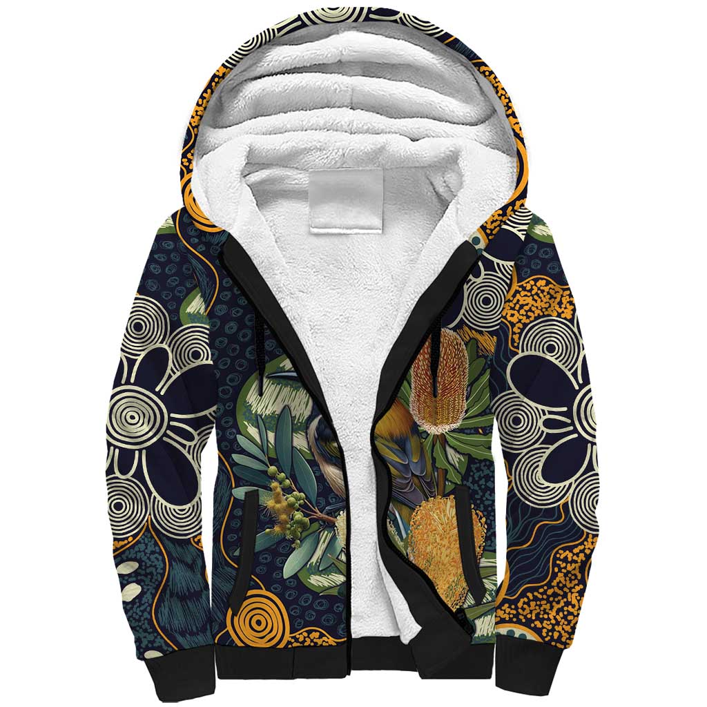 Aussie Honeyeaters Banksia Christmas Sherpa Hoodie Aboriginal Dots Painting Blue Motif - Aussie Hoodie