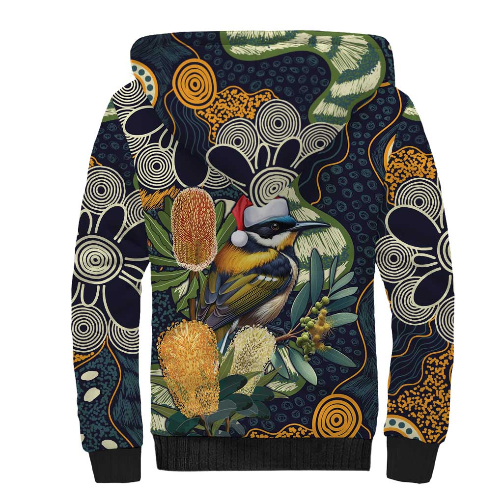 Aussie Honeyeaters Banksia Christmas Sherpa Hoodie Aboriginal Dots Painting Blue Motif - Aussie Hoodie