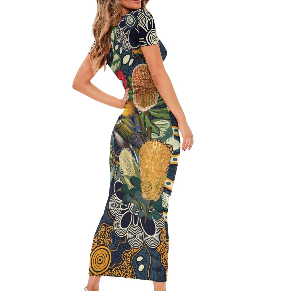 Aussie Honeyeaters Banksia Christmas Short Sleeve Bodycon Dress Aboriginal Dots Painting Blue Motif - Aussie Hoodie