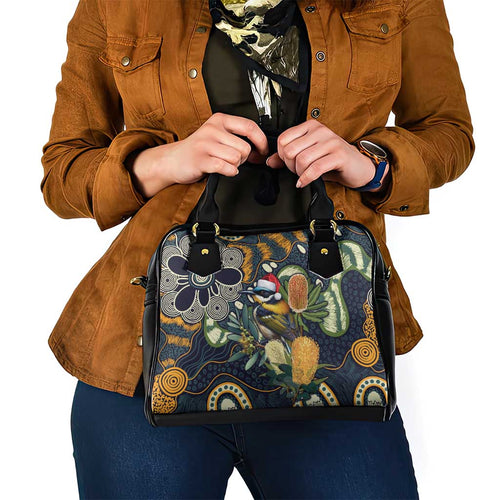 Aussie Honeyeaters Banksia Christmas Shoulder Handbag Aboriginal Dots Painting Blue Motif - Aussie Hoodie