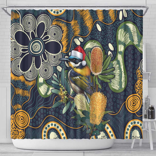 Aussie Honeyeaters Banksia Christmas Shower Curtain Aboriginal Dots Painting Blue Motif - Aussie Hoodie