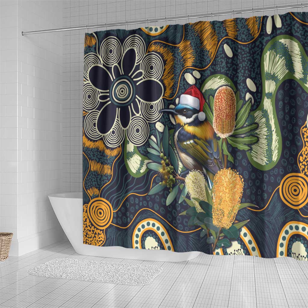 Aussie Honeyeaters Banksia Christmas Shower Curtain Aboriginal Dots Painting Blue Motif - Aussie Hoodie