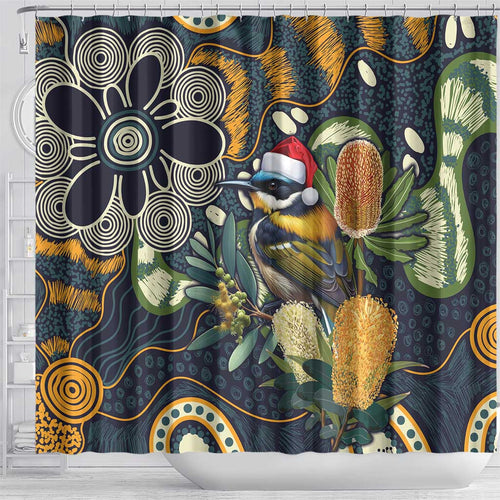 Aussie Honeyeaters Banksia Christmas Shower Curtain Aboriginal Dots Painting Blue Motif - Aussie Hoodie