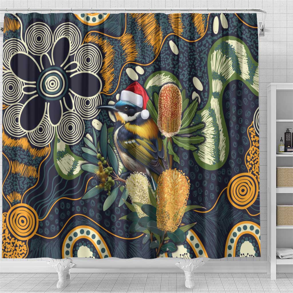 Aussie Honeyeaters Banksia Christmas Shower Curtain Aboriginal Dots Painting Blue Motif - Aussie Hoodie