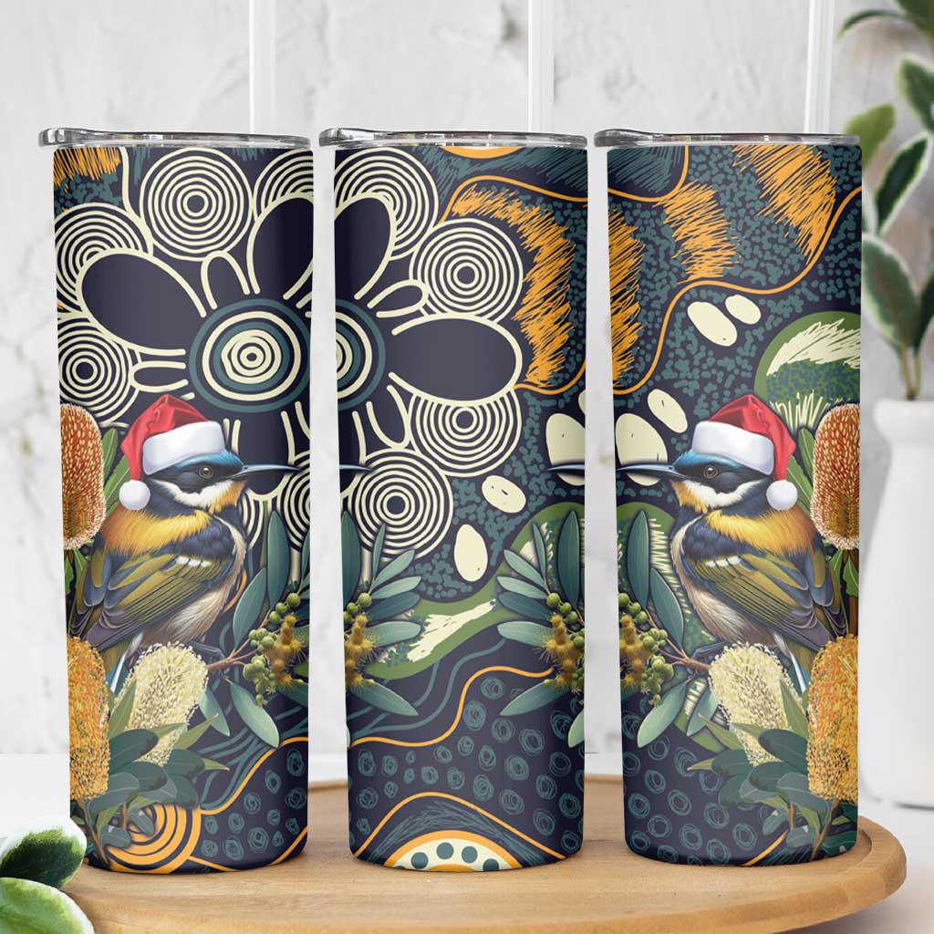 Aussie Honeyeaters Banksia Christmas Skinny Tumbler Aboriginal Dots Painting Blue Motif - Aussie Hoodie