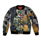 Aussie Honeyeaters Banksia Christmas Sleeve Zip Bomber Jacket Aboriginal Dots Painting Blue Motif - Aussie Hoodie