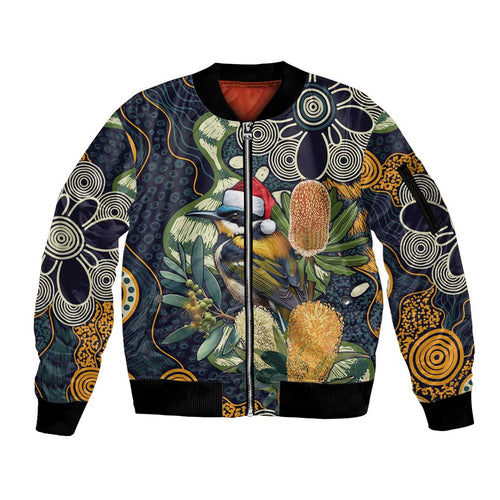 Aussie Honeyeaters Banksia Christmas Sleeve Zip Bomber Jacket Aboriginal Dots Painting Blue Motif - Aussie Hoodie
