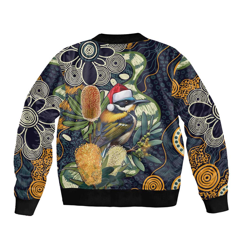 Aussie Honeyeaters Banksia Christmas Sleeve Zip Bomber Jacket Aboriginal Dots Painting Blue Motif - Aussie Hoodie