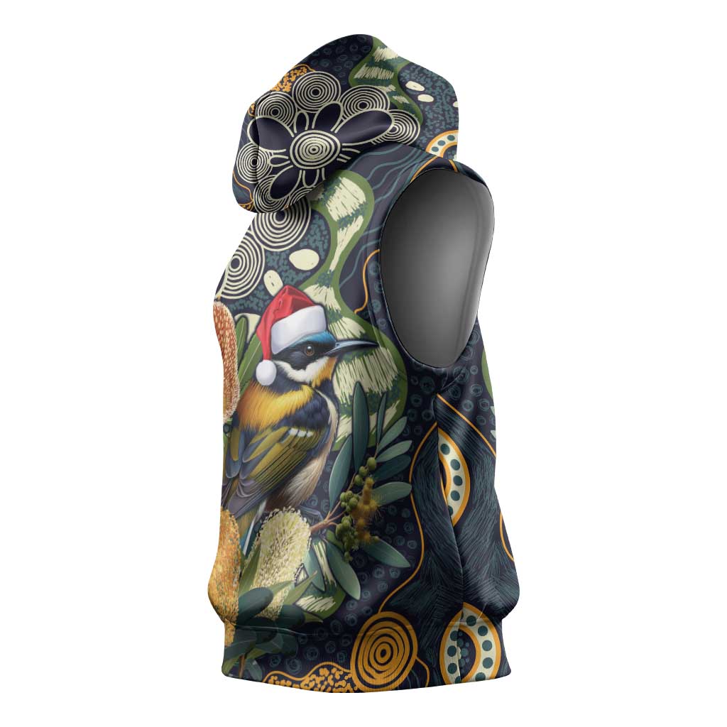 Aussie Honeyeaters Banksia Christmas Sleeveless Hoodie Aboriginal Dots Painting Blue Motif - Aussie Hoodie
