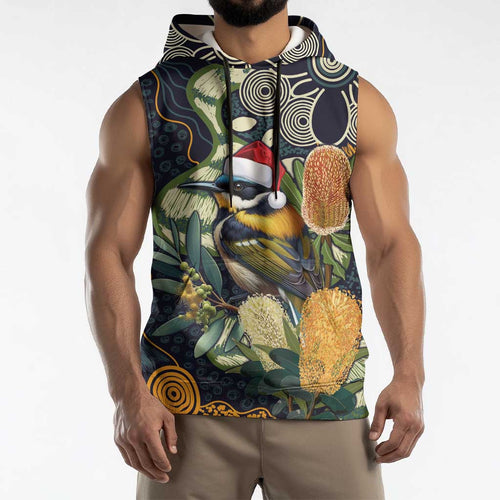 Aussie Honeyeaters Banksia Christmas Sleeveless Hoodie Aboriginal Dots Painting Blue Motif - Aussie Hoodie