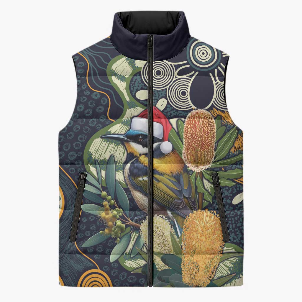 Aussie Honeyeaters Banksia Christmas Sleeveless Puffer Jacket Aboriginal Dots Painting Blue Motif - Aussie Hoodie