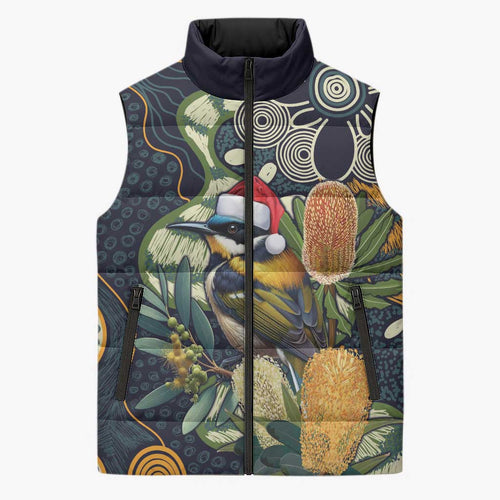 Aussie Honeyeaters Banksia Christmas Sleeveless Puffer Jacket Aboriginal Dots Painting Blue Motif - Aussie Hoodie
