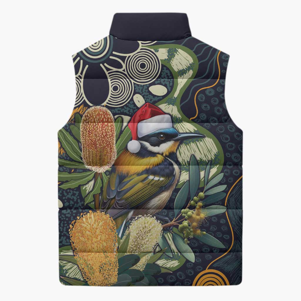 Aussie Honeyeaters Banksia Christmas Sleeveless Puffer Jacket Aboriginal Dots Painting Blue Motif - Aussie Hoodie
