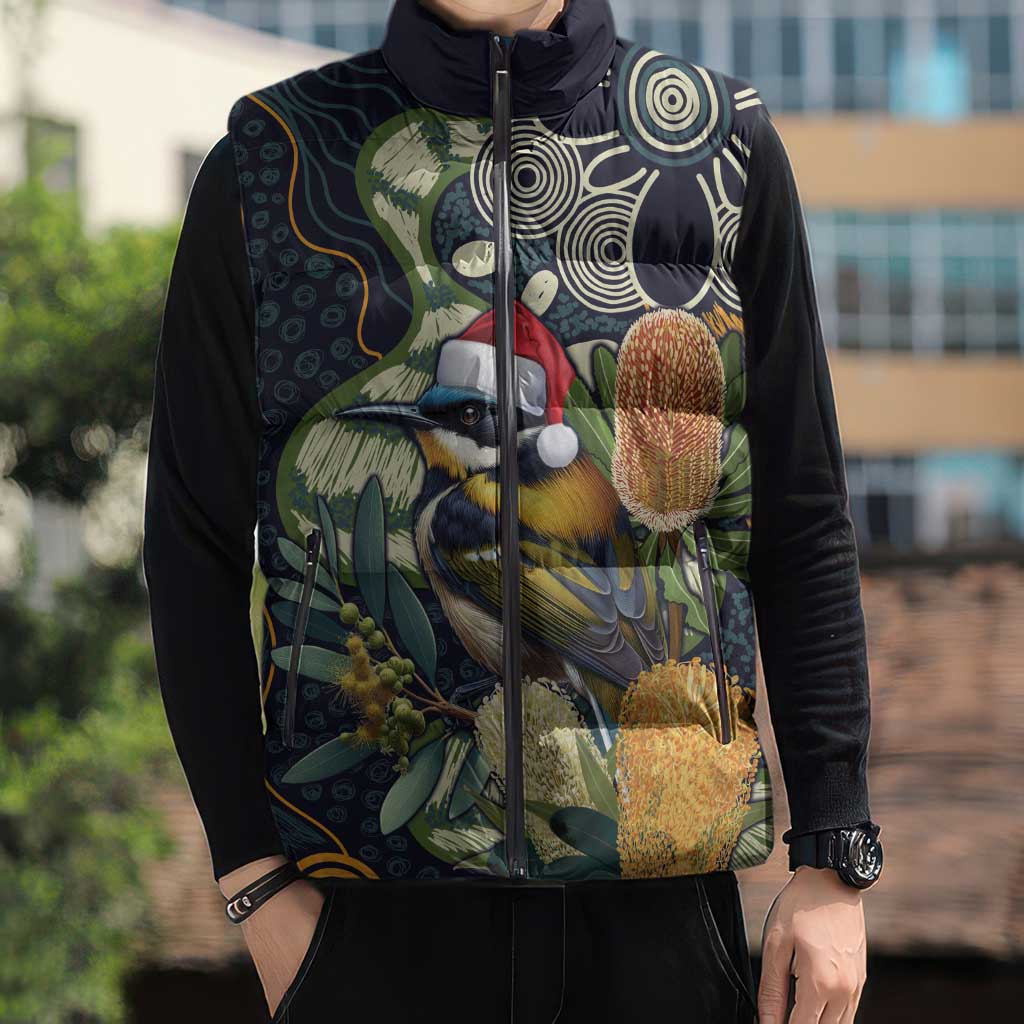 Aussie Honeyeaters Banksia Christmas Sleeveless Puffer Jacket Aboriginal Dots Painting Blue Motif - Aussie Hoodie