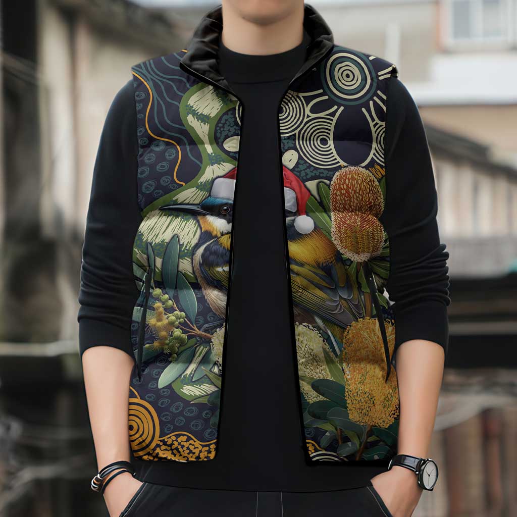 Aussie Honeyeaters Banksia Christmas Sleeveless Puffer Jacket Aboriginal Dots Painting Blue Motif - Aussie Hoodie