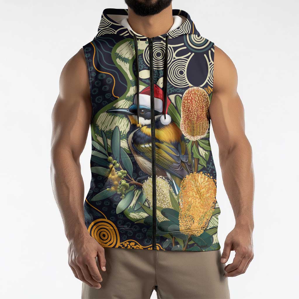 Aussie Honeyeaters Banksia Christmas Sleeveless Zip Hoodie Aboriginal Dots Painting Blue Motif LT9