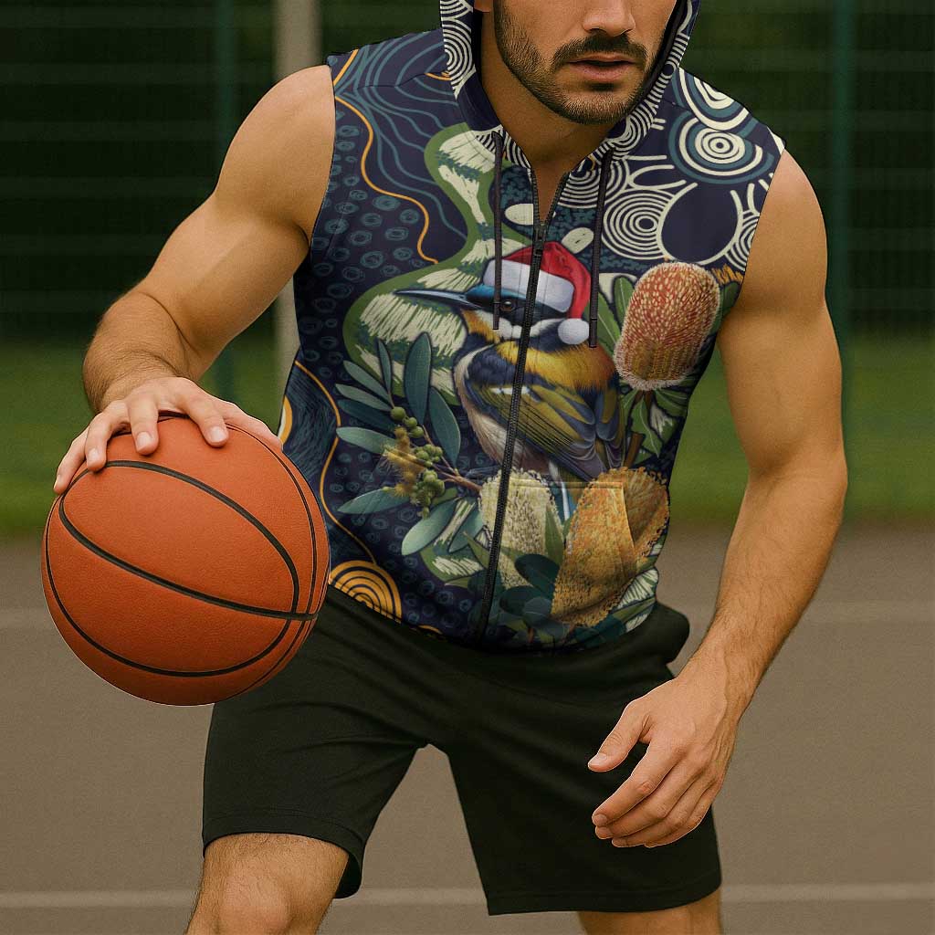 Aussie Honeyeaters Banksia Christmas Sleeveless Zip Hoodie Aboriginal Dots Painting Blue Motif LT9