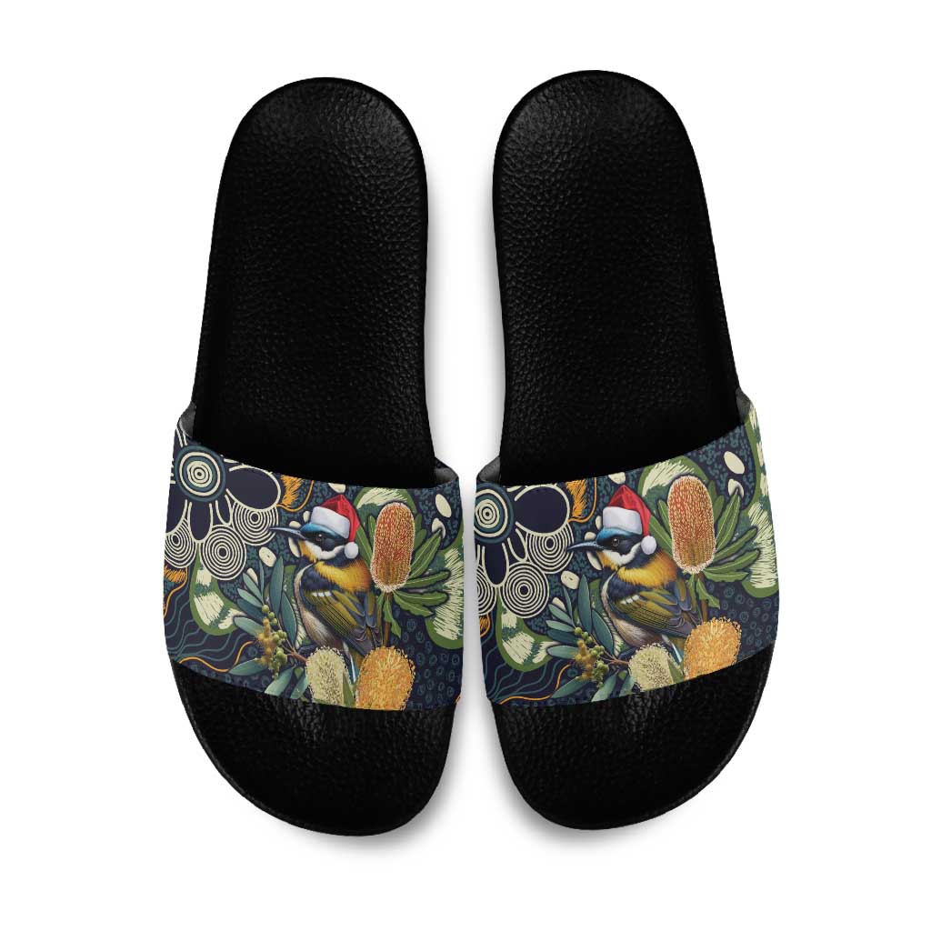 Aussie Honeyeaters Banksia Christmas Slide Sandals Aboriginal Dots Painting Blue Motif - Aussie Hoodie