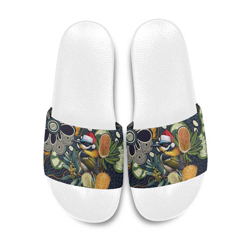 Aussie Honeyeaters Banksia Christmas Slide Sandals Aboriginal Dots Painting Blue Motif - Aussie Hoodie
