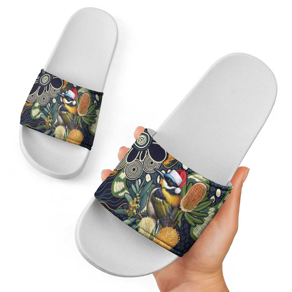 Aussie Honeyeaters Banksia Christmas Slide Sandals Aboriginal Dots Painting Blue Motif - Aussie Hoodie