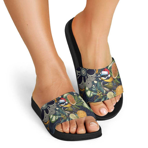 Aussie Honeyeaters Banksia Christmas Slide Sandals Aboriginal Dots Painting Blue Motif - Aussie Hoodie