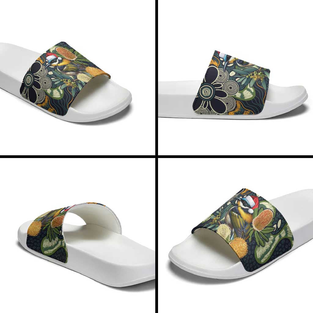 Aussie Honeyeaters Banksia Christmas Slide Sandals Aboriginal Dots Painting Blue Motif - Aussie Hoodie