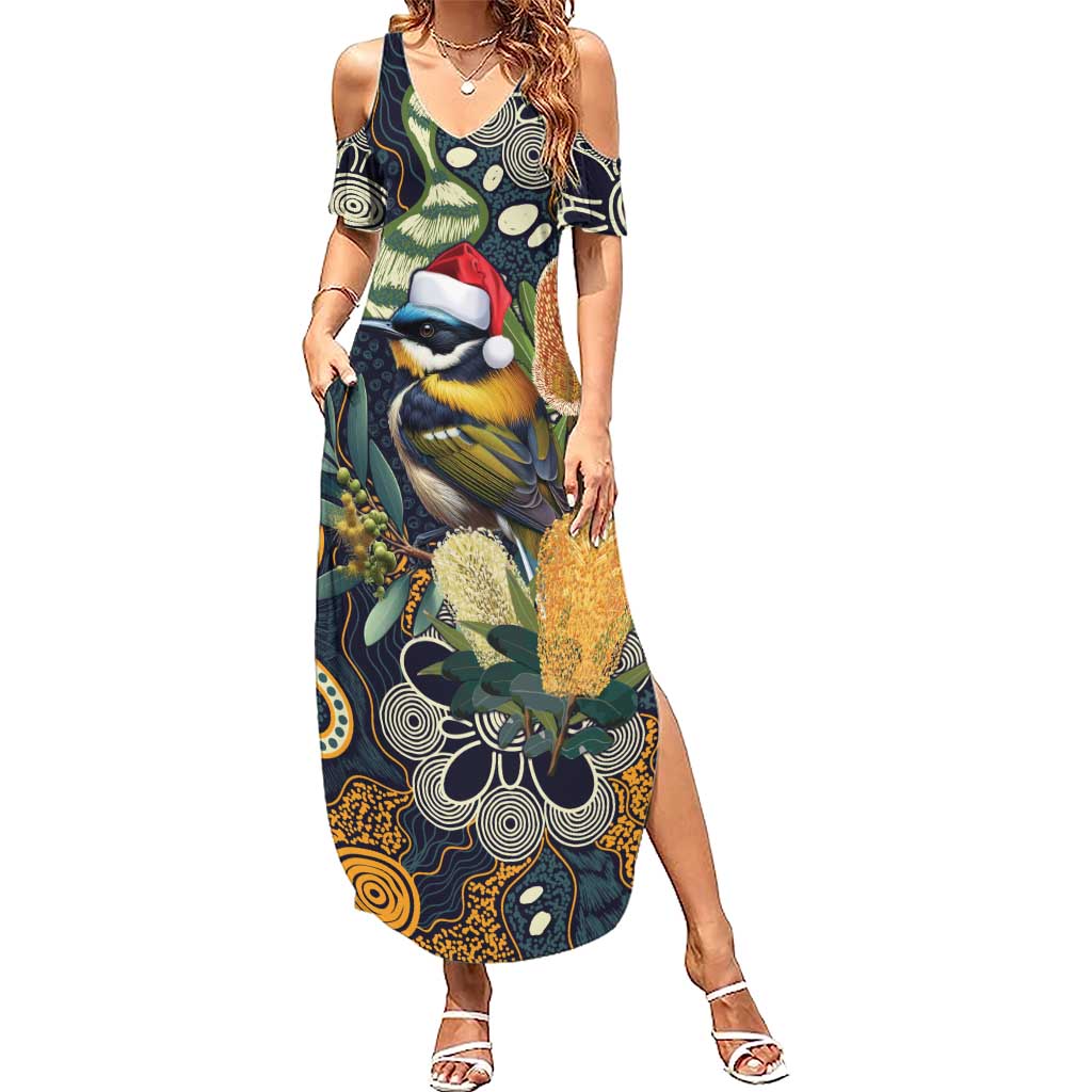 Aussie Honeyeaters Banksia Christmas Summer Maxi Dress Aboriginal Dots Painting Blue Motif - Aussie Hoodie