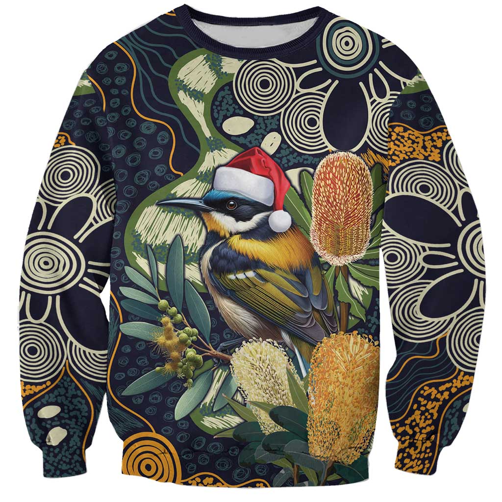 Aussie Honeyeaters Banksia Christmas Sweatshirt Aboriginal Dots Painting Blue Motif - Aussie Hoodie