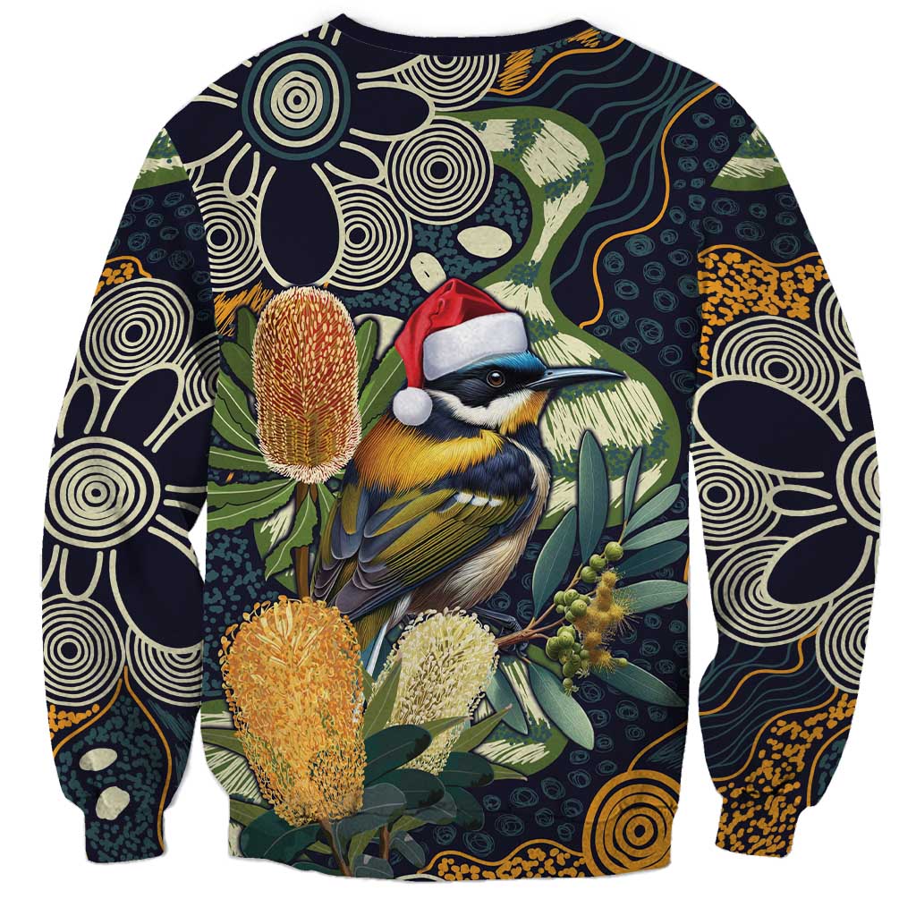 Aussie Honeyeaters Banksia Christmas Sweatshirt Aboriginal Dots Painting Blue Motif - Aussie Hoodie