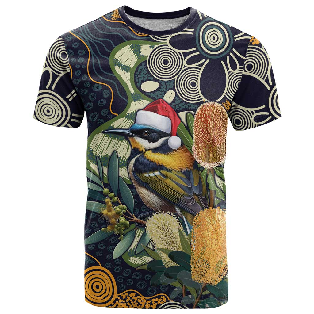 Aussie Honeyeaters Banksia Christmas T Shirt Aboriginal Dots Painting Blue Motif - Aussie Hoodie