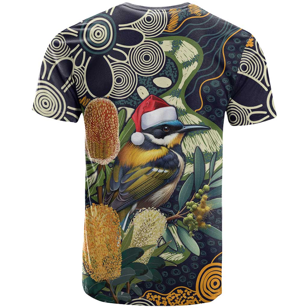 Aussie Honeyeaters Banksia Christmas T Shirt Aboriginal Dots Painting Blue Motif - Aussie Hoodie