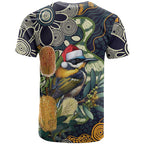 Aussie Honeyeaters Banksia Christmas T Shirt Aboriginal Dots Painting Blue Motif - Aussie Hoodie