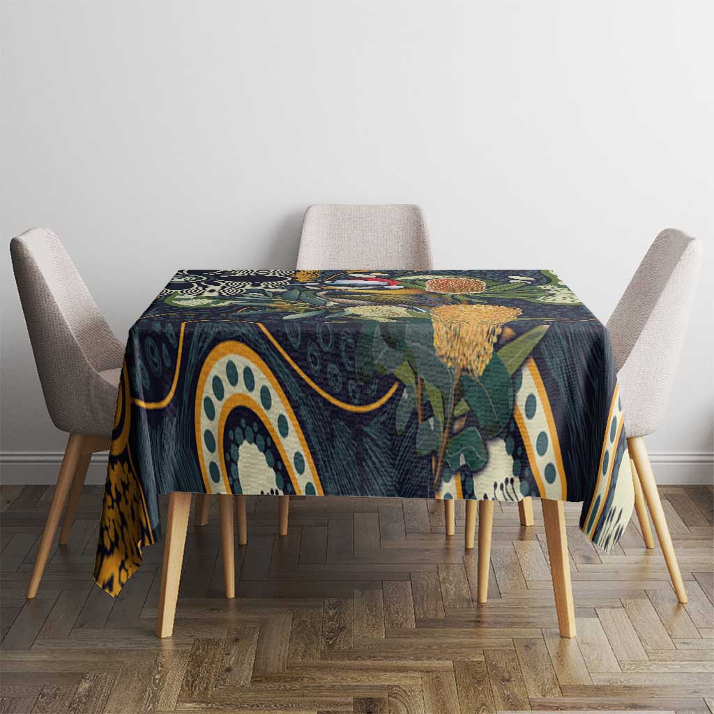 Aussie Honeyeaters Banksia Christmas Tablecloth Aboriginal Dots Painting Blue Motif - Aussie Hoodie
