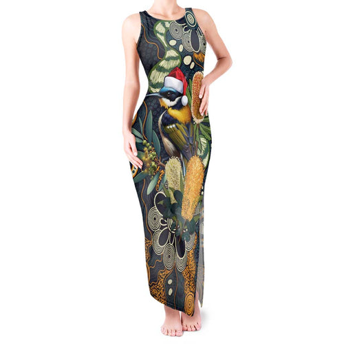 Aussie Honeyeaters Banksia Christmas Tank Maxi Dress Aboriginal Dots Painting Blue Motif - Aussie Hoodie