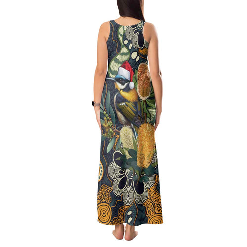 Aussie Honeyeaters Banksia Christmas Tank Maxi Dress Aboriginal Dots Painting Blue Motif - Aussie Hoodie