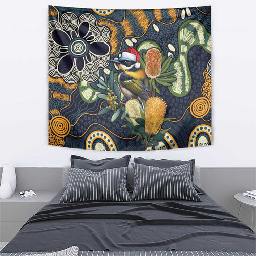 Aussie Honeyeaters Banksia Christmas Tapestry Aboriginal Dots Painting Blue Motif - Aussie Hoodie