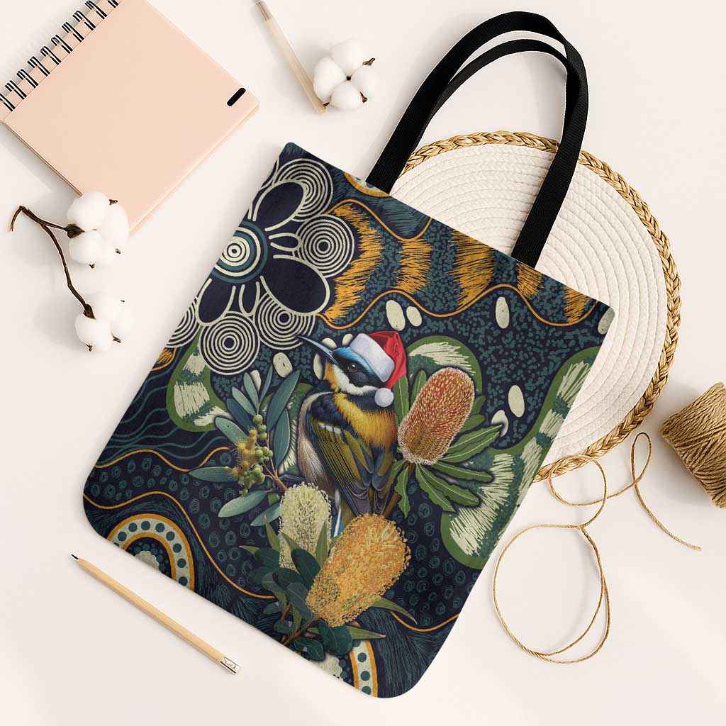 Aussie Honeyeaters Banksia Christmas Tote Bag Aboriginal Dots Painting Blue Motif - Aussie Hoodie