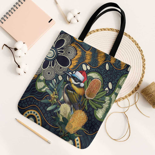 Aussie Honeyeaters Banksia Christmas Tote Bag Aboriginal Dots Painting Blue Motif - Aussie Hoodie