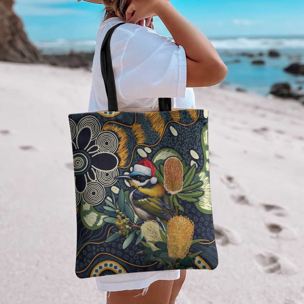 Aussie Honeyeaters Banksia Christmas Tote Bag Aboriginal Dots Painting Blue Motif - Aussie Hoodie