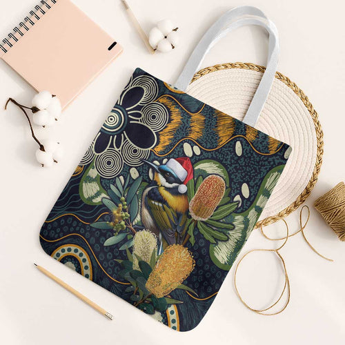 Aussie Honeyeaters Banksia Christmas Tote Bag Aboriginal Dots Painting Blue Motif - Aussie Hoodie
