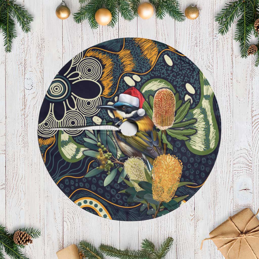 Aussie Honeyeaters Banksia Christmas Tree Skirt Aboriginal Dots Painting Blue Motif - Aussie Hoodie