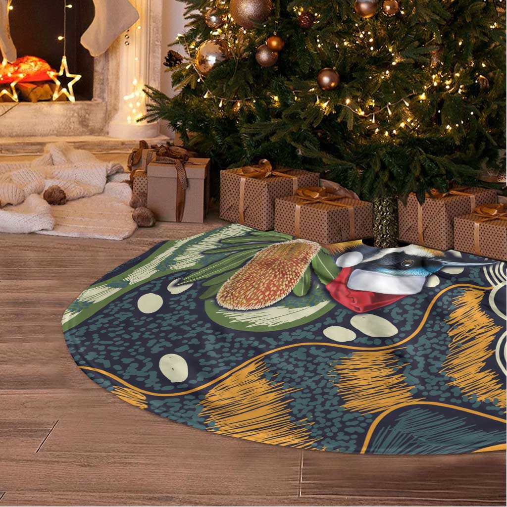 Aussie Honeyeaters Banksia Christmas Tree Skirt Aboriginal Dots Painting Blue Motif - Aussie Hoodie