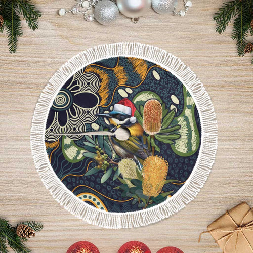 Aussie Honeyeaters Banksia Christmas Tree Skirt Aboriginal Dots Painting Blue Motif - Aussie Hoodie